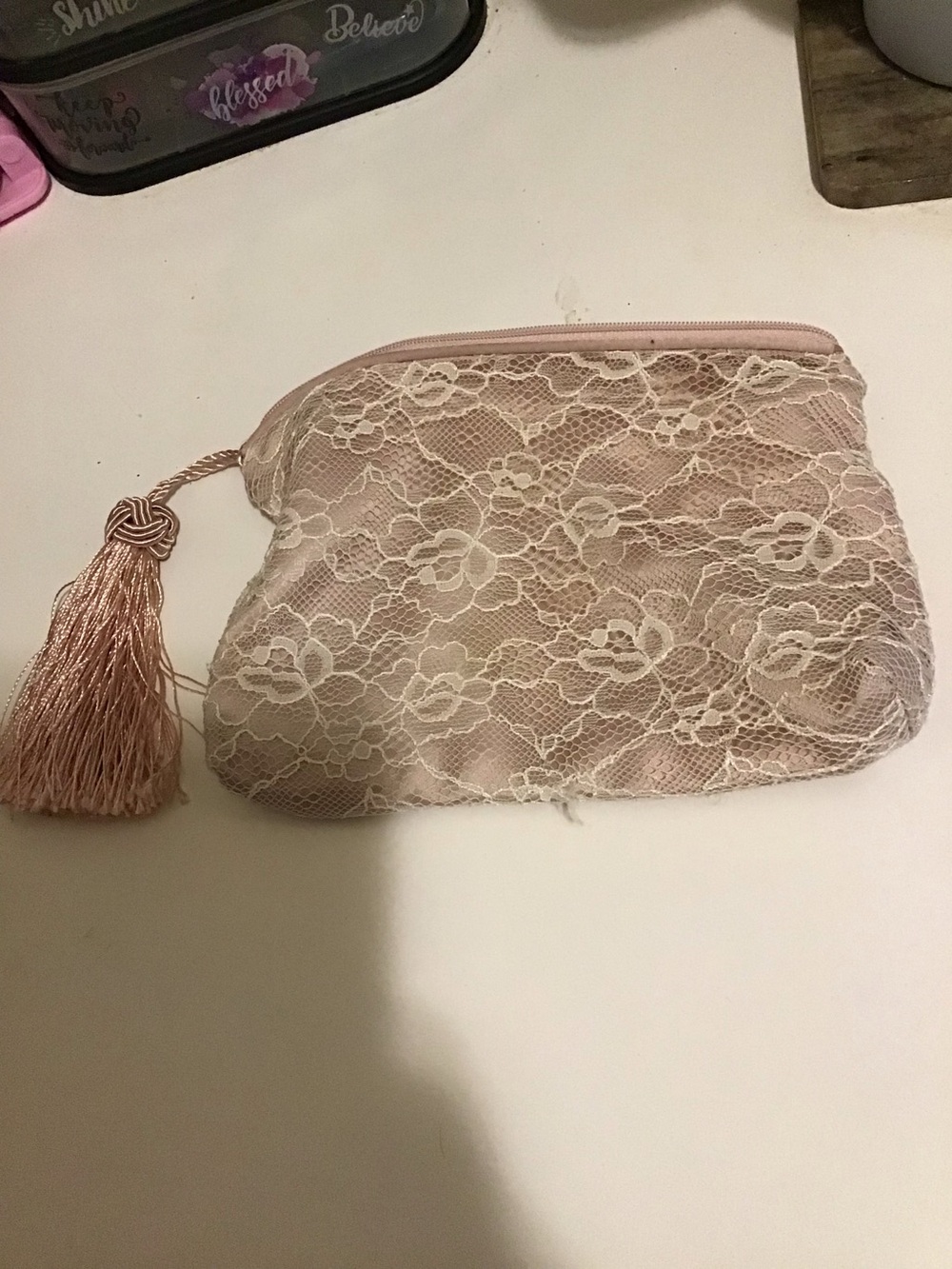 H&M Blush Pink Lace Tassel Cosmetic Pouch